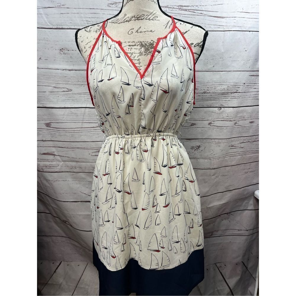 UA Los Angeles Sailboat Print Dress Sleeveless Red Trim Nautical Casual‎
